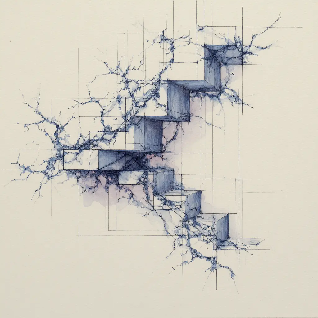 Geometric scaffolding with watercolor branches breaking through the grid