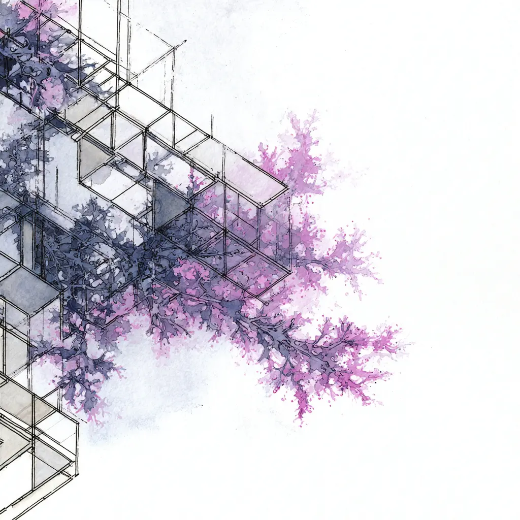 Architectural scaffolding with organic branches growing through